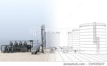 oil refinery, chemical production, waste processing plant, exterior visualization, 3D illustration, cg 134505637