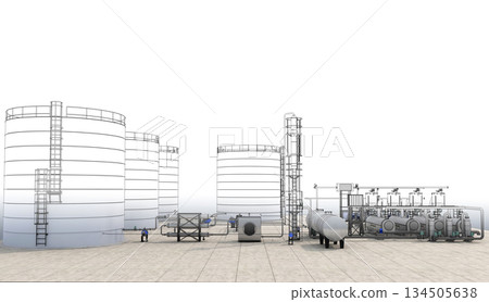 oil refinery, chemical production, waste processing plant, exterior visualization, 3D illustration, cg oil refinery, chemical production, waste processing plant, exterior visualization, 3D illustration, cg 134505638