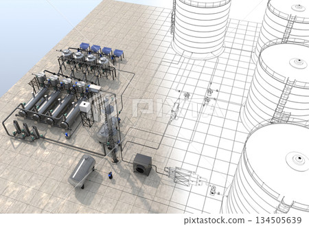 oil refinery, chemical production, waste processing plant, exterior visualization, 3D illustration, cg oil refinery, chemical production, waste processing plant, exterior visualization, 3D illustration, cg 134505639