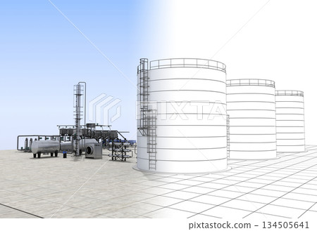oil refinery, chemical production, waste processing plant, exterior visualization, 3D illustration, cg oil refinery, chemical production, waste processing plant, exterior visualization, 3D illustration, cg 134505641