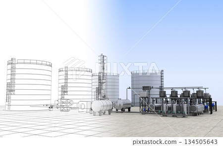 oil refinery, chemical production, waste processing plant, exterior visualization, 3D illustration, cg oil refinery, chemical production, waste processing plant, exterior visualization, 3D illustration, cg 134505643
