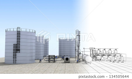 oil refinery, chemical production, waste processing plant, exterior visualization, 3D illustration, cg 134505644
