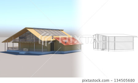 exterior of a country house, cottage, visualization, 3D illustration exterior of a country house, cottage, visualization, 3D illustration 134505680