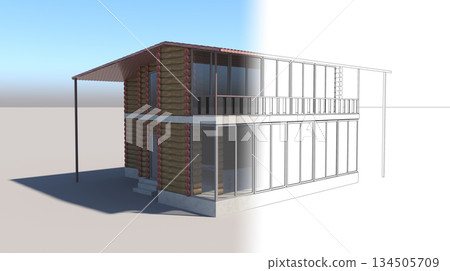 exterior of a country house, cottage, visualization, 3D illustration exterior of a country house, cottage, visualization, 3D illustration 134505709