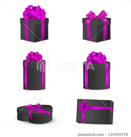 Vector 3d Black Gift Box Set with Purple Ribbon Bow, Vector Illustration. Luxury Gift Box Packaging Collection Gift Box Isolated. Birthday Christmas Valentine Holiday Present Boxes 134505759
