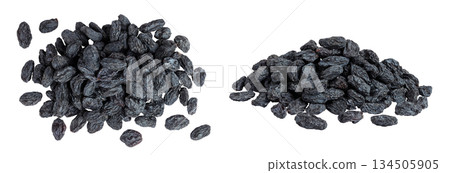 black raisins isolated on white background. Top view. Flat lay black raisins isolated on white background. Top view. Flat lay 134505905