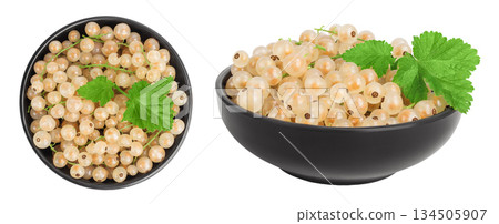 white or yellow currant in ceramic bowl isolated on white background. Top view. Flat lay 134505907