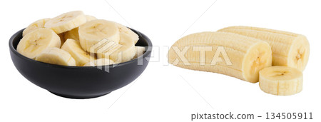 peeled banana pieces in ceramic bowl isolated on white background peeled banana pieces in ceramic bowl isolated on white background 134505911
