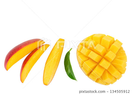 mango slices isolated on white background with full depth of field. Top view. Flat lay 134505912