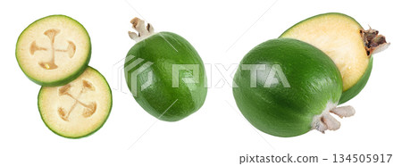 Feijoa fruit isolated on white background. Top view. Flat lay Feijoa fruit isolated on white background. Top view. Flat lay 134505917