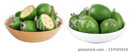 Feijoa fruit in wooden and ceramic bowl isolated on white background 134505918