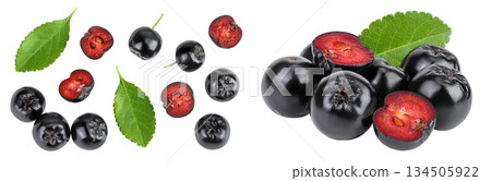 Chokeberry with leaf isolated on white background. Black aronia. Top view. Flat lay Chokeberry with leaf isolated on white background. Black aronia. Top view. Flat lay 134505922