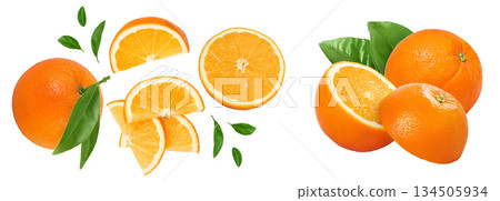 Orange fruit slices isolated on white background. Top view. Flat lay. Orange fruit slices isolated on white background. Top view. Flat lay. 134505934