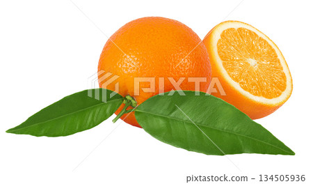 Orange fruit with half and leaves isolated on white background with full depth of field Orange fruit with half and leaves isolated on white background with full depth of field 134505936