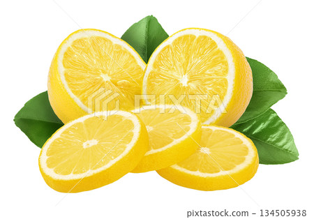 Ripe lemon slices isolated on white background with full depth of field. 134505938