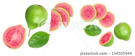 Guava fruit slices isolated on white background with full depth of field. Top view. Flat lay Guava fruit slices isolated on white background with full depth of field. Top view. Flat lay 134505944