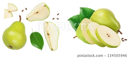 Green pear fruit half and slices isolated on white background with copy space for your text. Top view. Flat lay 134505946