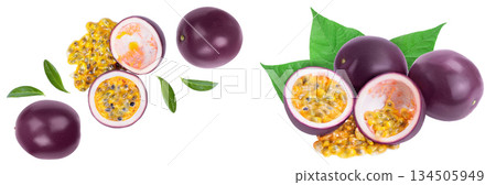 passion fruits and half isolated on white background. maracuya. Top view. Flat lay passion fruits and half isolated on white background. maracuya. Top view. Flat lay 134505949