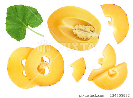 Fresh Pepino fruit slice isolated on white background. Top view, flat lay Fresh Pepino fruit slice isolated on white background. Top view, flat lay 134505952