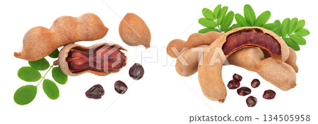 Tamarind fruit with leaf and seed isolated on white background, Top view. Flat lay 134505958
