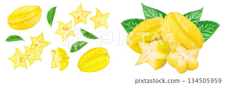 Carambola or star-fruit isolated on white background. Top view. Flat lay 134505959