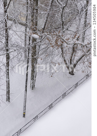 snow covered urban landscape with a tall building in the background.  134505984