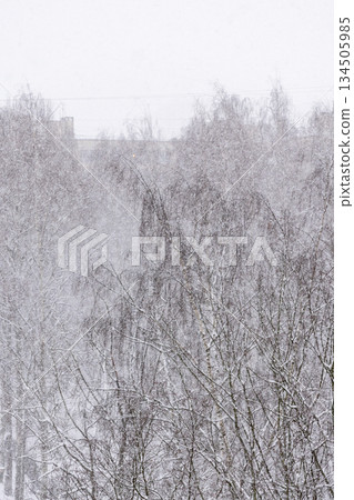 snow covered urban landscape with a tall building in the background. snow covered urban landscape with a tall building in the background. 134505985
