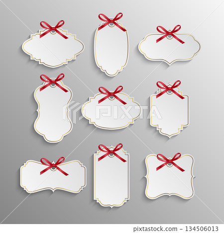 Vector Blank Gift Tag with Red Ribbon Bow. Ornate Frame Gift Tag Label, Vintage Decorative Hangtag with Gold Border and Shadow, Isolated Vector Gift Tag Template for Wedding Retail Branding Vector Blank Gift Tag with Red Ribbon Bow. Ornate Frame Gift Tag Label, Vintage Decorative Hangtag with Gold Border and Shadow, Isolated Vector Gift Tag Template for Wedding Retail Branding 134506013