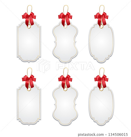 Vector Blank Paper Gift Tag with Red Ribbon Bow Set. Realistic Gift Tag Label Template, Elegant White Hangtag with Hole and String Loop, Isolated Vector Gift Tag, Label Vector Blank Paper Gift Tag with Red Ribbon Bow Set. Realistic Gift Tag Label Template, Elegant White Hangtag with Hole and String Loop, Isolated Vector Gift Tag, Label 134506015