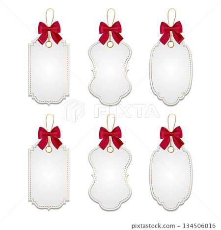 Vector Blank Paper Gift Tag With Red Ribbon Bow. Realistic Gift Tag Label Template, Elegant White Hangtag with Hole and String Loop, Isolated Vector Gift Tag, Label 134506016