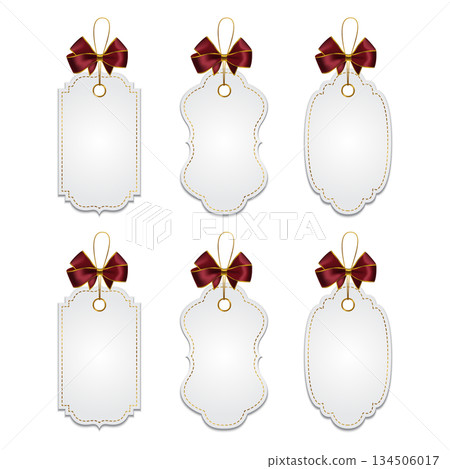 Vector Blank Gift Tag With Red Ribbon Bow. Realistic Gift Tag Label Template, Elegant White Hangtag with Hole and String Loop, Isolated Vector Gift Tag, Label Vector Blank Gift Tag With Red Ribbon Bow. Realistic Gift Tag Label Template, Elegant White Hangtag with Hole and String Loop, Isolated Vector Gift Tag, Label 134506017