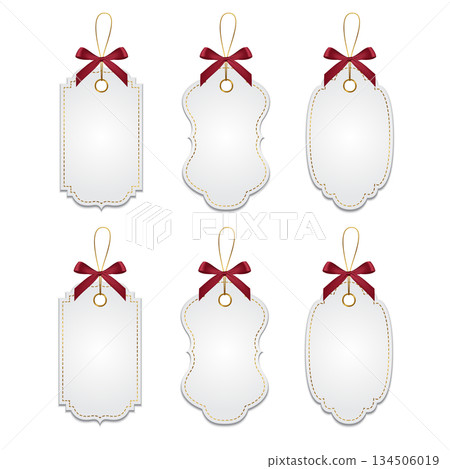Vector Blank Gift Tag With Red Ribbon Bow. Realistic Gift Tag Label Template, Elegant White Hangtag with Hole and String Loop, Isolated Vector Gift Tag for Retail Packaging Branding Vector Blank Gift Tag With Red Ribbon Bow. Realistic Gift Tag Label Template, Elegant White Hangtag with Hole and String Loop, Isolated Vector Gift Tag for Retail Packaging Branding 134506019