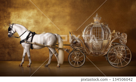 一幅白馬金色馬車的圖案，寓意吉祥如意。華麗優雅的設計，非常適合用於新年祝福、生肖主題和各種慶祝活動。 134506042