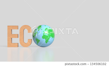 Eco Concept with Wooden Letters and Green Earth Globe on Clean Background 3d render. 134506102