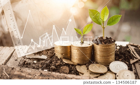 金幣和嫩葉象徵著財富的累積和投資的成長。 134506187