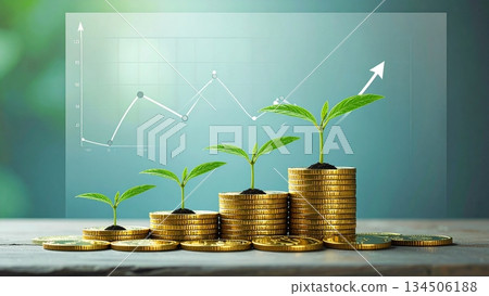 金幣和嫩葉象徵著財富的累積和投資的成長。 134506188