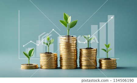 金幣和嫩葉象徵著財富的累積和投資的成長。 134506190