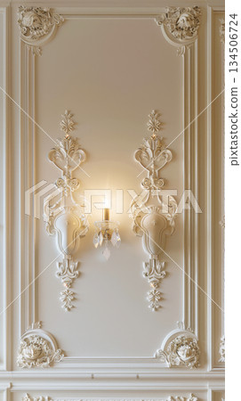 exquisite 18th century rococo architectural detail, featuring elaborate, asymmetrical shell and acanthus leaf scrollwork a luxurious white and gold gilded late baroque wood panel or plaster molding 134506724