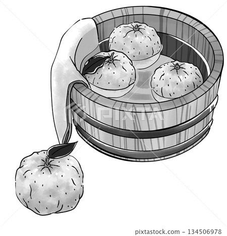 Yuzu and wooden barrel_monochrome Yuzu and wooden barrel_monochrome 134506978