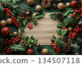 Christmas frame surrounded by holly and decorations 134507118