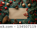 Christmas frame surrounded by holly and decorations 134507119