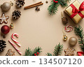 A frame composition with space surrounded by Christmas accessories 134507120