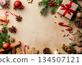 A frame composition with space surrounded by Christmas accessories 134507121