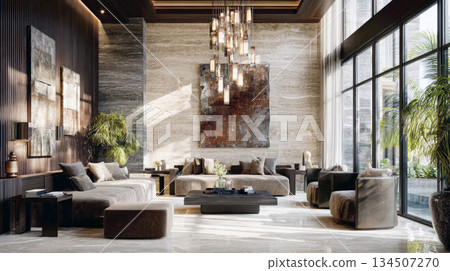 living room interior with contemporary design. Features include marble walls, wood paneling, velvet sofas, a dramatic chandelier, and floor-to-ceiling windows providing natural light. 134507270