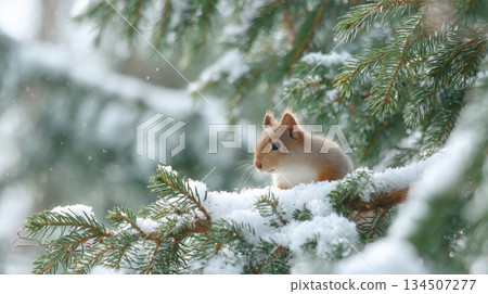 red squirrel rests on thick, snow-laden spruce branch in the forest, surrounded by evergreen needles and soft, falling snow. A perfect depiction of wild animals in a serene winter landscape 134507277