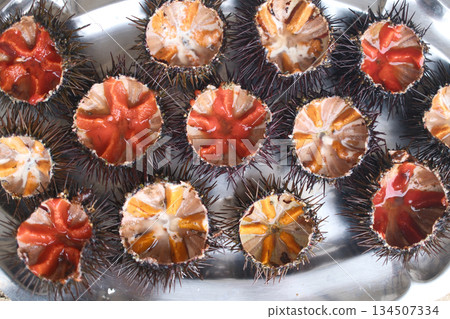 fresh sea urchin as sea food cut and ready to eat 134507334
