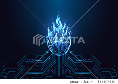 Futuristic glowing fire sphere on circuit board, energy and heat technology vector 134507340