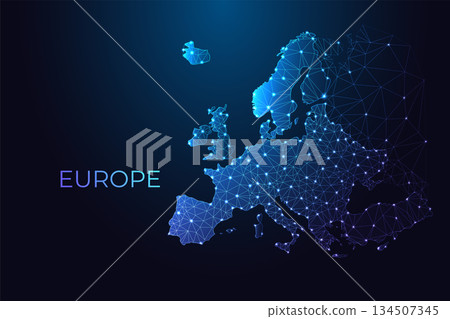 Europe digital map with glowing network nodes and modern typography, vector illustration. 134507345