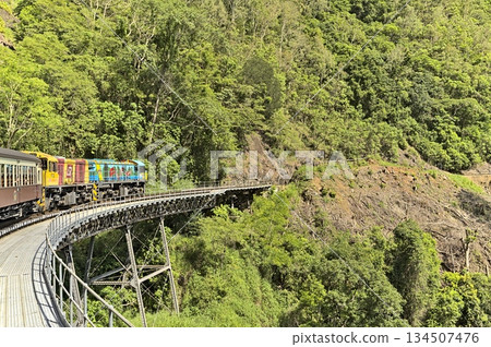 Kuranda scenic railway winding up the tracks 134507476