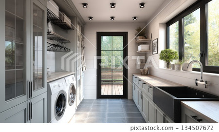 laundry room featuring light gray cabinetry, wooden countertops, a large black farmhouse sink, and a washing machine and dryer set. The room includes ample storage, folding space 134507672
